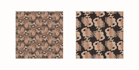 Tribal ethnic camouflage abstract pattern set design in fall color trend. Seamless rustic surface texture with neutral tone handwork mark making shapes.