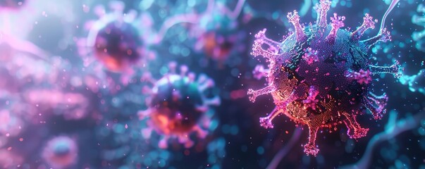 3D render of a virus with a digital holographic effect, Futuristic, Blue and Purple Hues, Neon Lighting, Emphasizing technological study of pathogens