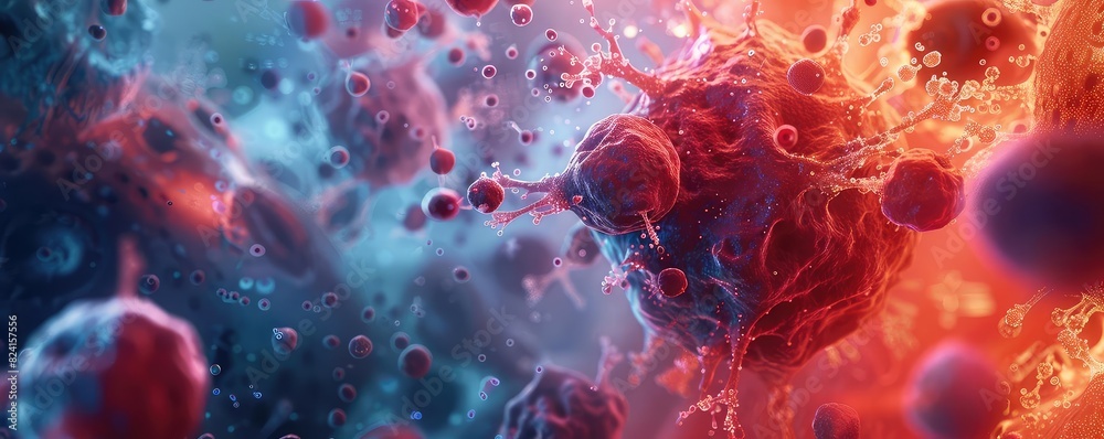 Wall mural A detailed 3D render of autoimmune cells attacking healthy tissue, Futuristic, Blue and Red Hues, Digital Art, Emphasizing internal conflict - Wall murals