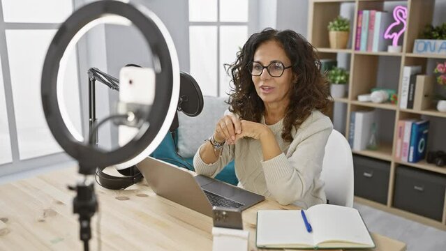 A mature hispanic woman with glasses in a studio with a laptop, microphone, and ring light preparing for a broadcast or webinar.