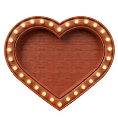 Vintage wooden heart frame with lights in realistic 3D rendering with transparent background