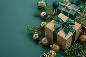 Christmas decorations and gift on green background