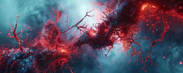 A detailed 3D render of clogged arteries with plaque buildup, Futuristic, Red and Blue Hues, Digital Art, Emphasizing arterial blockage