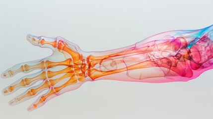 3D rendering of a human arm showing the bones, muscles, and blood vessels.