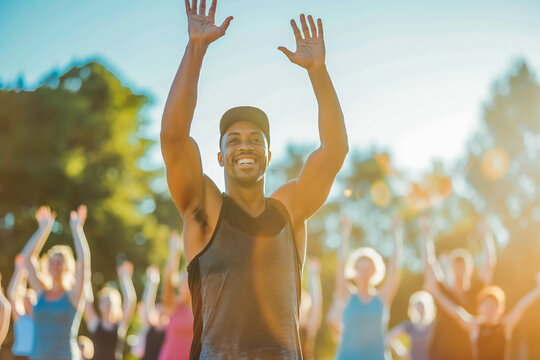Enthusiastic fitness instructor leading outdoor boot camp class, motivating participants under morning sun.