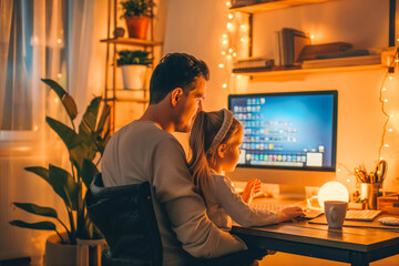Father and daughter using desktop computer for homeschooling in cozy home office at sunset, family learning.
