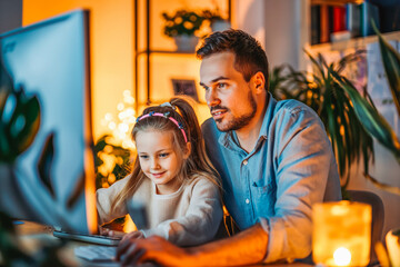 Father and daughter using desktop computer for homeschooling in cozy home office at sunset, family learning.