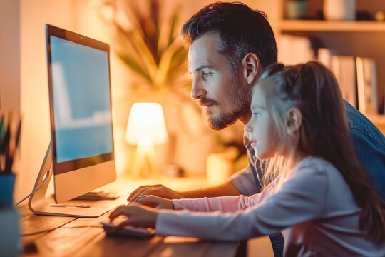 Father and daughter using desktop computer for homeschooling in cozy home office at sunset, family learning.