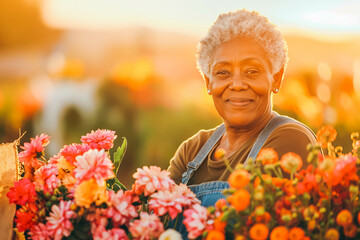 Happy African American Florist in Her 50s Arranging Bouquets at Sunrise, Bringing Beauty to Every Blossom with Care