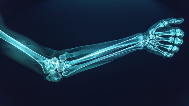 An X-ray of a human arm. The bones are white and the flesh is black. The arm is bent at the elbow.