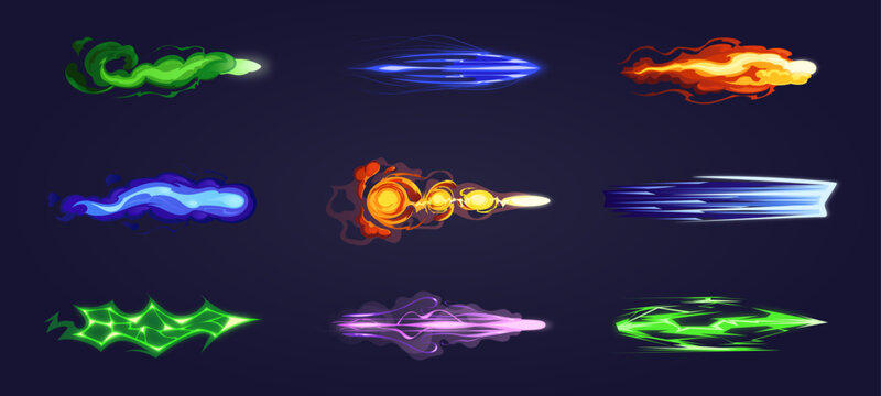 Vfx gun effect. Space weapon shot, blaster, laser, beam gun, plasma beams, lightning, smoke, raygun. Light visual effects. Colorful energy shot effects. 2D video game. Vector cartoon illustration.