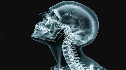 An X-ray of the human skull and cervical spine in lateral view.