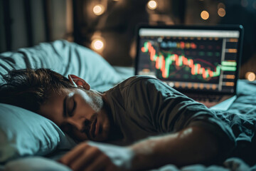 Overworked trader asleep next to laptop with stock market graph