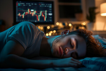 Passive income concept: man asleep with stock market charts in background