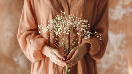 Close-up of a woman in a peach dress holding a bouquet of delicate baby's breath flowers.