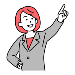 遠くを指差すスーツの女性