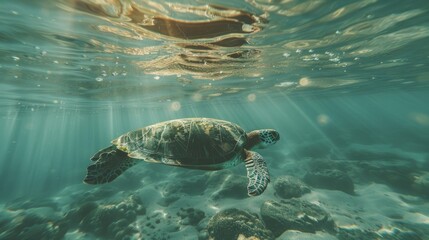 Obraz premium Turtle swimming in the ocean with copy space. World turtle day