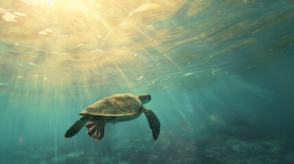 Turtle swimming in the ocean with copy space. World turtle day