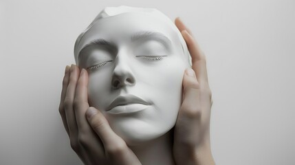 Close-up of hands gently cradling a serene white sculpted face against a plain background.