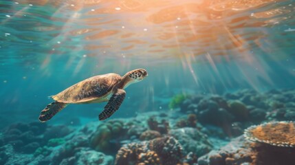 Obraz premium Turtle swimming in the ocean with copy space. World turtle day