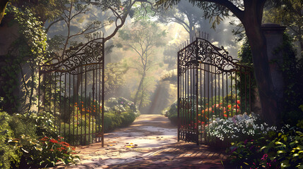 Open Gate to Tranquil Garden: Inviting Pathway Leading to a Serene Outdoor Space Filled with Lush Greenery and Colorful Flowers