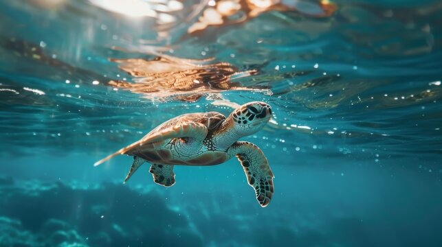 Turtle swimming in the ocean with copy space. World turtle day