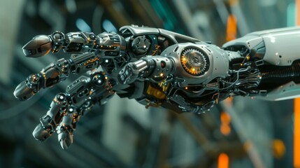 Fototapeta premium A massive robotic hand reaches out from the ground its augmented reality gears and circuitry spinning and moving before your eyes.