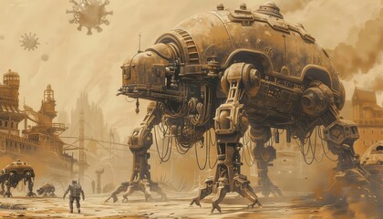 A steampunk illustration of infections as mechanical creatures, Steampunk, Sepia Tone, Illustration, Depicting industrialage health threats