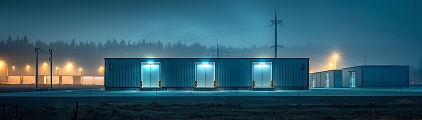 A foggy night scene of an industrial warehouse area with bright lights creating a surreal atmosphere. Perfect for urban and architectural themes. - Powered by Adobe