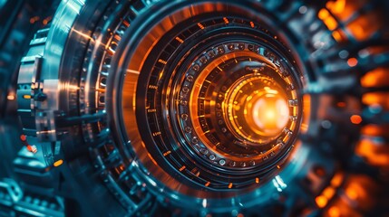 Fototapeta premium Abstract futuristic tunnel with vibrant orange and blue lights, showcasing intricate mechanical details and modern technology design.