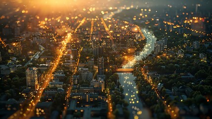 Aerial view of a bustling cityscape at sunset with illuminated streets and a river running through, creating a stunning urban scene.