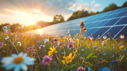 Beautiful wildflowers bloom under a serene sunset with solar panels in the background, capturing the harmony between nature and renewable energy.