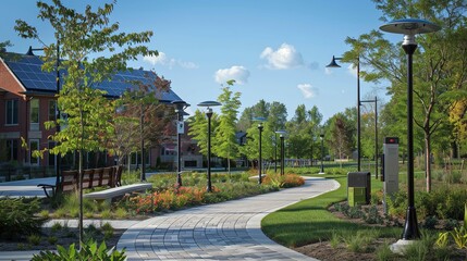 Fototapeta premium Beautiful urban park with a winding pathway, lush greenery, and street lamps under a clear blue sky on a sunny day.