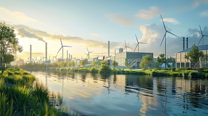 Modern industrial landscape with wind turbines and a river at sunset, showcasing sustainable energy and green technology.