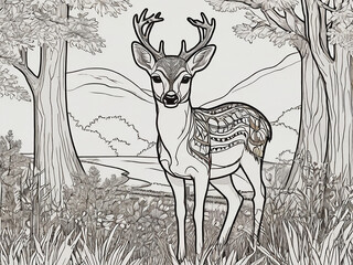 A photo of beautiful Deer in nature outline for coloring book Generative AI