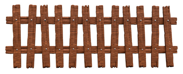 Rustic wooden fence in realistic 3d render with transparent background