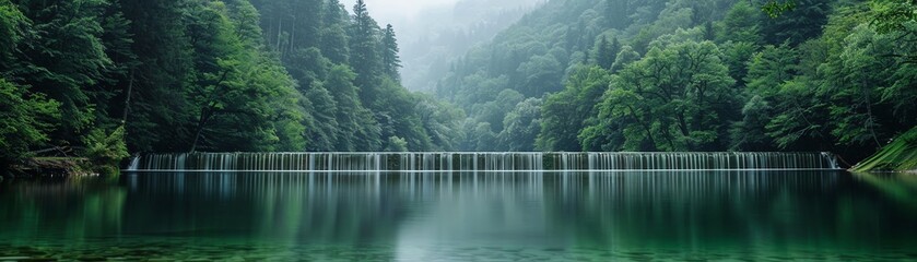 Serene lake scene with a gentle waterfall in a lush, misty forest setting. Beautiful landscape for nature lovers.
