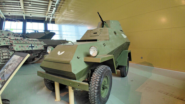 Royal Tank Museum, Amman, Jordan - May 4, 2024: Vintage BA-64 Soviet 4x4 armored car exhibit at the prestigious Royal Tank Museum in Jordan, displaying military history and engineering