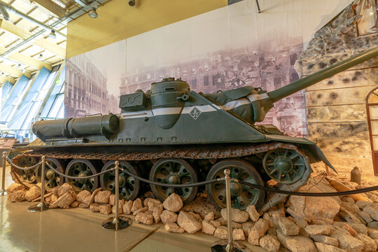 Royal Tank Museum, Amman, Jordan - May 4, 2024: Soviet su-100 tank destroyer on display at the Royal Tank Museum in Jordan, showcasing military history and engineering