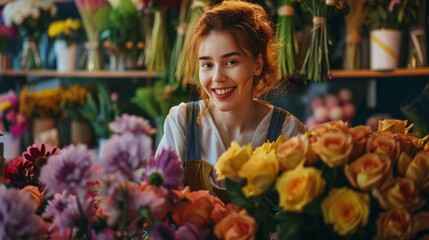 Fototapeta premium young woman arranging a beautiful bouquet of flowers in a flower shop generative ai