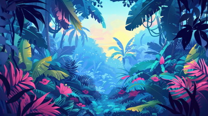 Jungle with tropical, fantasy animals at Amazon forest, palm trees, parrots, wallpaper
