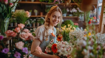 young woman arranging a beautiful bouquet of flowers in a flower shop generative ai