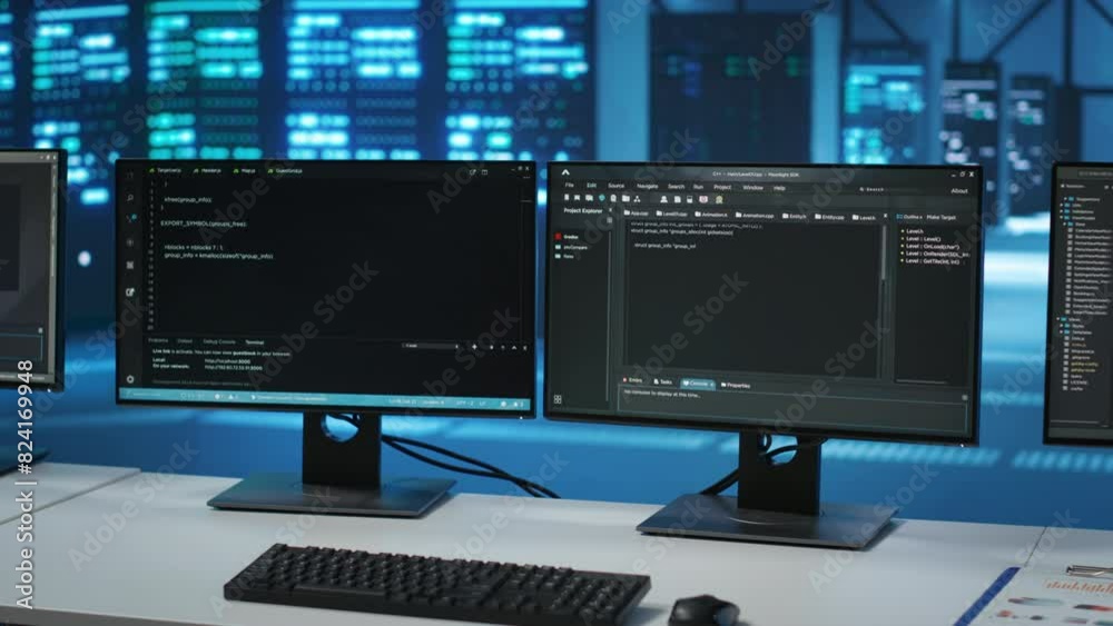 Poster lines of code running on computer screens in data center, used for troubleshooting rackmounts in ser