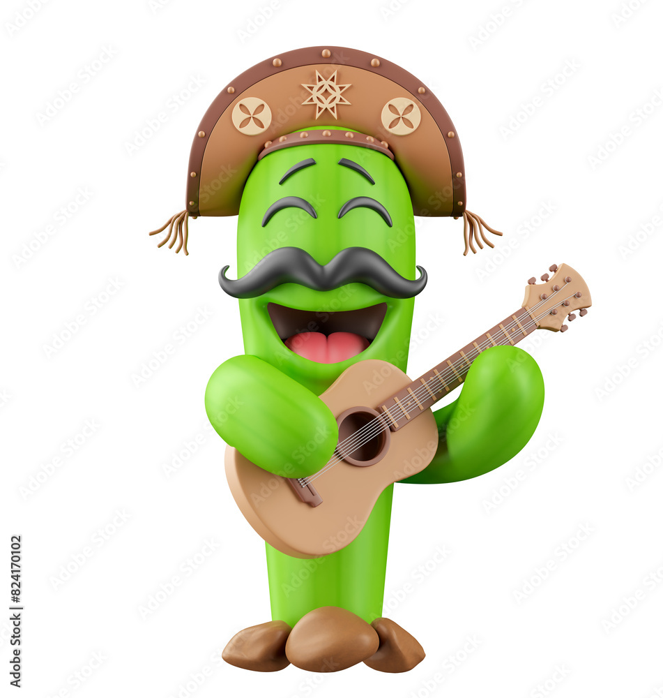 Wall mural Happy Cactus with Cangaceiro Hat and Guitar 3d render with transparent background