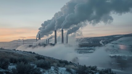 Thick columns of smoke blanketing the landscape a result of the power plants emissions.