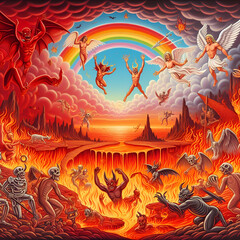 Obraz premium Cartoon of Miserable Horned Daemons Skeletons Pitchfork Hell Flames, Lava, & Armageddon Beneath Sunny Happy Paradise Heaven Halo Praying Angels Wings & Rainbow Good & Bad Gates Spirit World Afterlife.