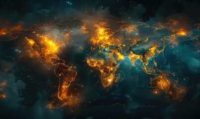 Obraz premium A world map with glowing hotspots of pandemic, Glowing Wireframe, SciFi Style, Dark Background, Illustration, Highlighting critical areas