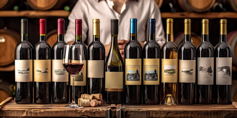 Row of wine bottles with different colored wines, accompanied by bunches of red, green, and purple...
