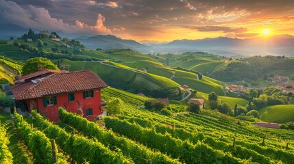 A stunning vineyard landscape at sunset, with rolling green hills, a rustic farmhouse, and a...