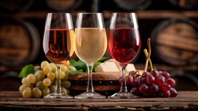 Glasses of wine with bunches of red and green grapes in the background, creating an inviting and elegant setting. Perfect for themes related to wine, vineyards, and gourmet experiences